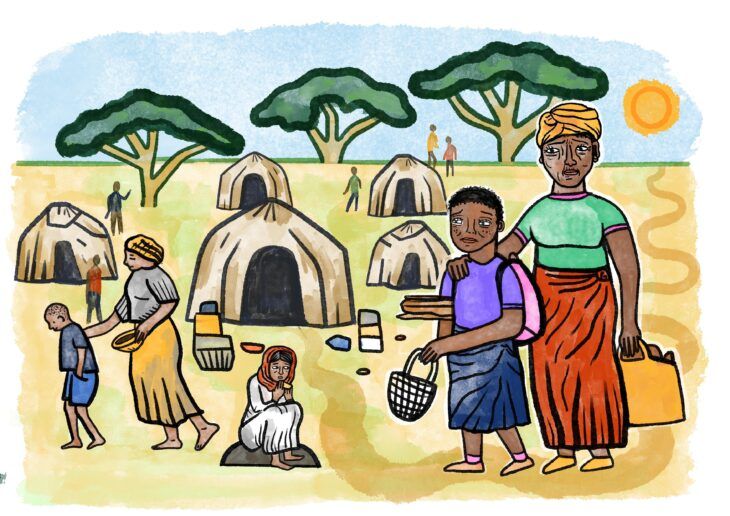 An illustration of a girl and her mother in a refugee camp.