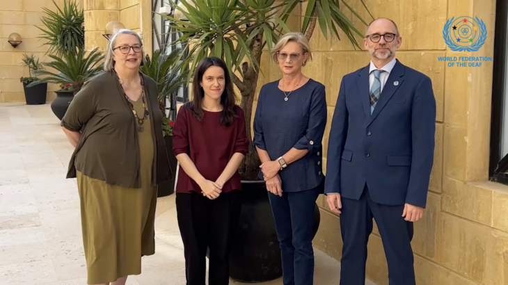 Dr. Joseph Murray, WFD President, Vanessa Dos Santos, a representative from Down Syndrome International, and Sue Swenson, President of Inclusion International, talk about the inclusion of deaf people with intellectual disabilities.